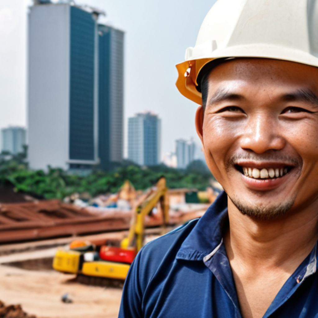 Engineer Ba**

A candid portrait of Anh Ba, a 35-year-old construction engineer from Ho Chi Minh City, smiling warmly. He is outdoors, possibly at a construction site, wearing a hard hat but also a modern smartwatch. In the background, a blurred cityscape of Ho Chi Minh. The overall feel is aspirational but grounded, reflecting someone who values family and technology. Include subtle Vietnamese cultural elements.

**