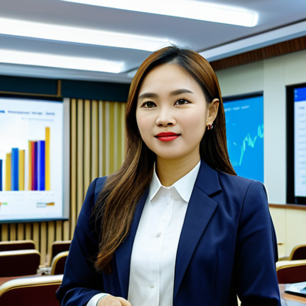Inspired Individual**

A Vietnamese woman, fully clothed in professional, modest attire suitable for a business setting in Ho Chi Minh City. She is confidently presenting at a seminar, with slides showing financial growth charts in Vietnamese currency (VND). The background shows a modern conference room with a diverse audience. Appropriate content, safe for work, perfect anatomy, natural pose, professional lighting, high-resolution image.

**