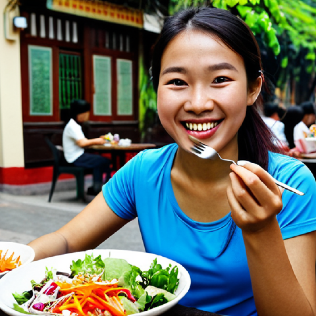 Health Enthusiast Eating a Healthy Meal**

A young Vietnamese woman, fully clothed in activewear, smiles as she eats a colorful salad at an outdoor café in Hanoi, Vietnam. The salad contains fresh, organic ingredients. The background features lush greenery and a glimpse of a bustling street. Safe for work, appropriate content, professional, perfect anatomy, correct proportions, natural pose, well-formed hands, proper finger count, natural body proportions, high quality, modest clothing.

**