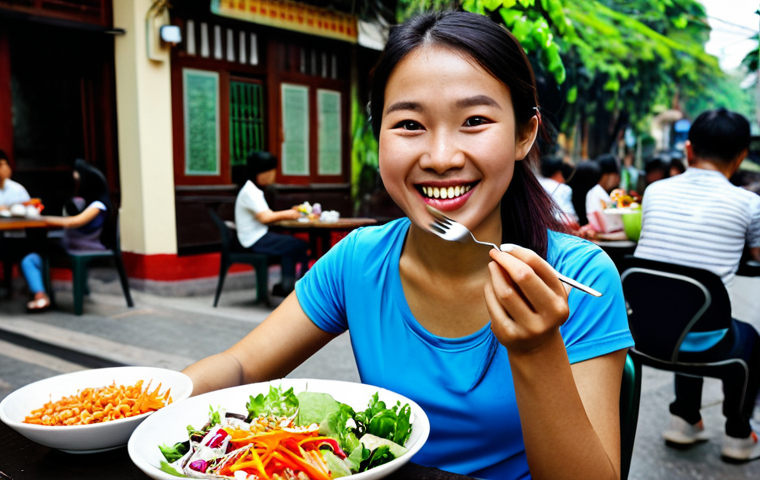Health Enthusiast Eating a Healthy Meal**

A young Vietnamese woman, fully clothed in activewear, smiles as she eats a colorful salad at an outdoor café in Hanoi, Vietnam. The salad contains fresh, organic ingredients. The background features lush greenery and a glimpse of a bustling street. Safe for work, appropriate content, professional, perfect anatomy, correct proportions, natural pose, well-formed hands, proper finger count, natural body proportions, high quality, modest clothing.

**