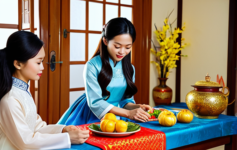 사용자 세그먼트 발굴을 위한 실제 적용 사례 - **Prompt:** A Vietnamese family, fully clothed in ao dai, preparing Tet holiday decorations in a tra...